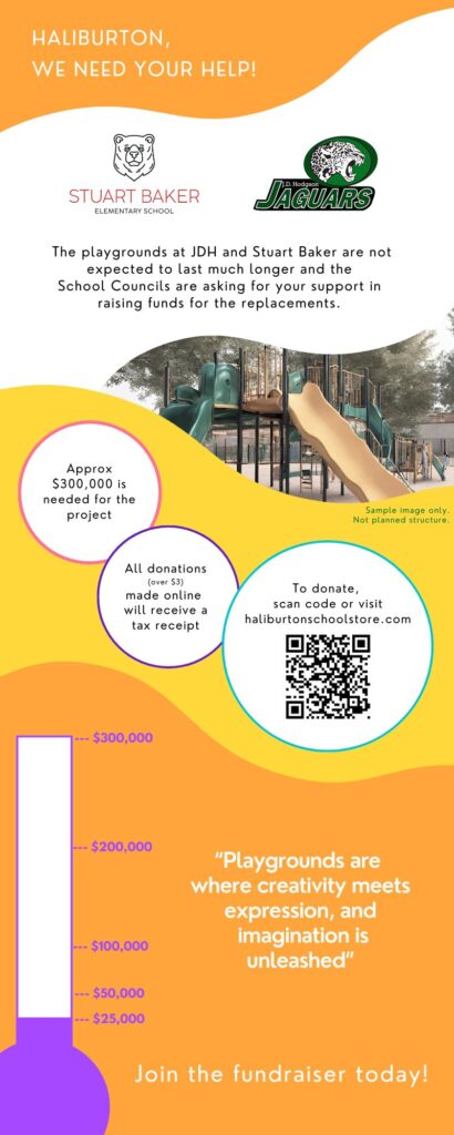 Flyer for playground fundraising. Donations can be made online at haliburtonschoolstore.com